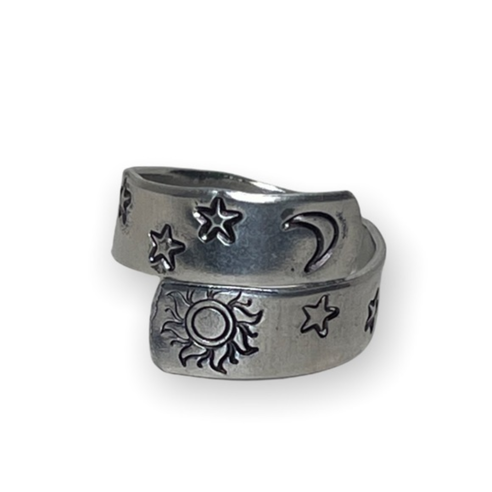 Handmade 8 stamped moon/star/sun silver adjustable hypoallergenic wrap ring